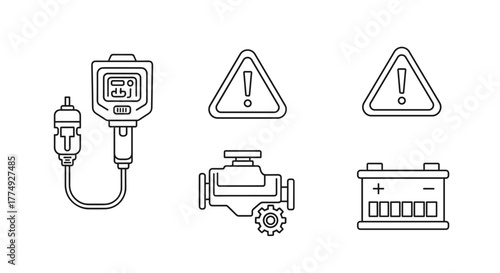 Set of car diagnostics icons in outline style, including a diagnostic scanner, warning lights, engine icon, and battery indicator, representing vehicle maintenance and repair services for automotive