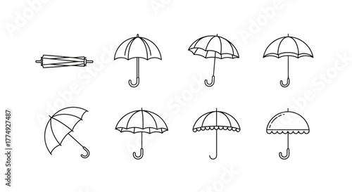 Collection of eight simple line art icons representing various types of umbrellas and parasols, including a closed umbrella, a classic open umbrella, a ruffled umbrella, a scalloped umbrella, and a