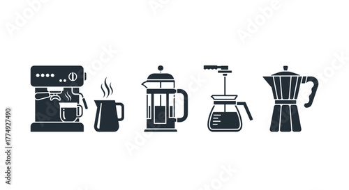 Collection of coffee brewing silhouette icons, including an espresso machine with a steaming cup, a French press, a pour-over coffee maker, and a Moka pot, representing various methods for preparing