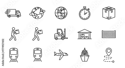 Collection of white line art icons on a black background representing logistics and transportation, including a delivery truck, globe, stopwatch, package, warehouse, shipping container, airplane