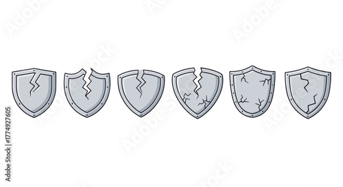 Collection of six cracked shield pictograms in varying stages of damage, presented in a clean vector cartoon illustration style with a white background, ideal for interface elements, social media