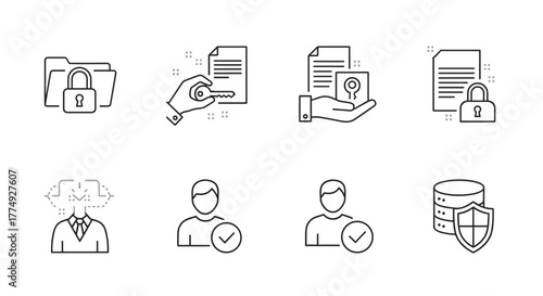 Collection of editable line icons representing data authorization, security, and user verification, including a locked folder, a hand holding a key to a document, a document with a lock, a person