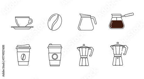 Minimalistic thin line icons representing various coffee-related items, including a cup and saucer, coffee bean, carafe, cezve, and two to-go cups, suitable for web, graphic design, apps, banners