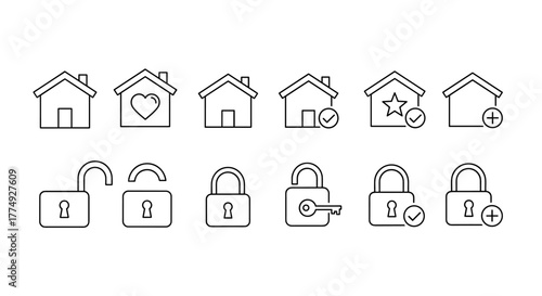 A clean and simple thin line icon representing a house with a lock, perfect for web design, books, cards, and apps. This vector cartoon illustration features a white background and conveys security
