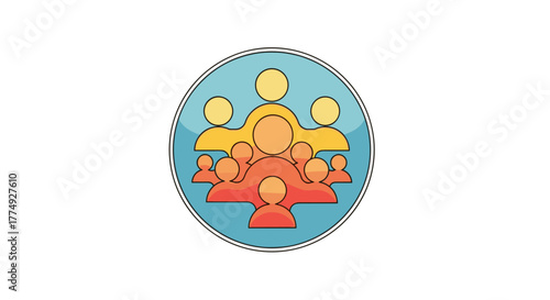 Abstract vector illustration of a community icon, symbolizing unity, connection, and teamwork. The stylized figures are arranged in concentric circles, with warm colors transitioning from red to