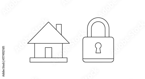 Minimalistic thin line icon representing a house and a lock, symbolizing security, safety, and protection for web and graphic design, apps, banners, social networks, and cards. This vector cartoon