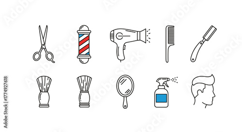 Collection of barber shop line art icons on a black background, featuring scissors, barber pole, hairdryer, comb, straight razor, shaving brush, mirror, spray bottle, and a man's haircut silhouette