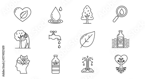 Collection of minimalistic, thin-line pictograms representing health, water, and trees, ideal for apps, articles, and websites, symbolizing nature, conservation, and well-being with a clean, modern
