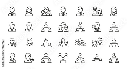 A versatile set of simple, outline-style icons depicting various human figures, including individuals, couples, employers, and hierarchical structures, perfect for graphic design, web sites, cards