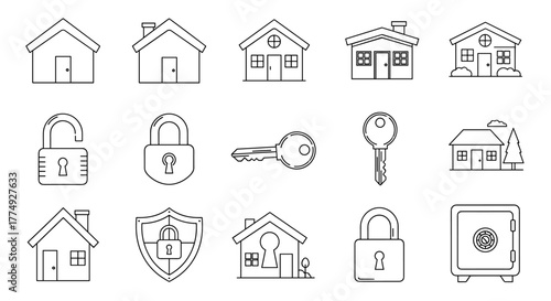 Collection of outline icons representing security and home, including houses, padlocks, keys, and a safe, perfect for graphic and web design, apps, adverts, and various cards, presented as a vector