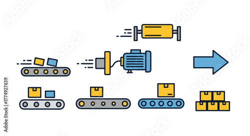 Simple linear filled color icon of a conveyor belt system, showcasing the process of moving boxes with a motor and a directional arrow, representing industry, logistics, and manufacturing in a