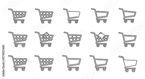 Set of 15 minimalistic linear shopping trolley pictograms in white outline on a black background, representing various states of use and design variations, perfect for web, graphic design, apps
