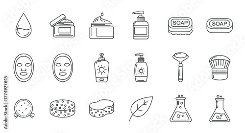 A collection of white outline icons representing skincare and beauty products, including a water drop, cream jars, face masks, soap bars, sunscreen bottles, a jade roller, a makeup brush, sponges, a