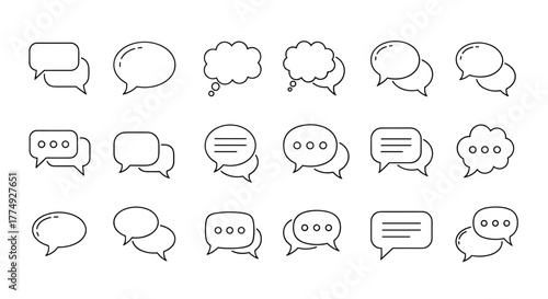 A collection of minimalistic thin line icons representing speech bubbles, ideal for web and graphic design, apps, banners, social networks, and cards. This vector cartoon illustration features