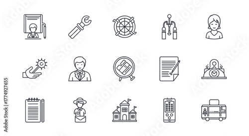 Set of outline icons representing artificial intelligence, including a neural brain, data algorithms, generative automation, cloud networks, circuits, collaboration, and devices, presented on a black
