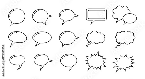 Collection of nine speech bubble outline icons, perfect for graphic design, digital art, books, advertisements, and app interfaces. This vector cartoon illustration features editable strokes and a