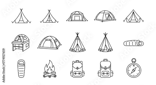 Collection of thin line icons representing camping and outdoor adventure equipment, including various tent styles, sleeping bag, campfire, backpacks, and a compass, perfect for graphic design, web