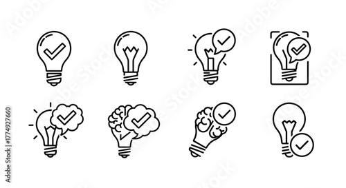 Collection of eight line art icons depicting light bulbs with checkmarks, symbolizing ideas, innovation, creativity, and successful solutions. These versatile icons represent concepts like genius