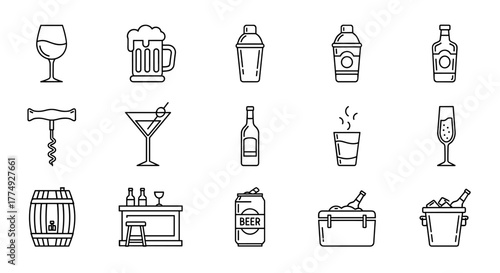 A comprehensive collection of thin vector icons representing various alcoholic beverages and bar essentials, presented in a clean black and white outline style on a contrasting background, perfect