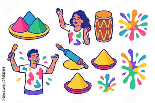 Colorful holi festival celebration with people, drums, and powder splashes