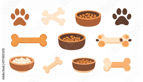 Flat Pet Care Icons: Paw Print, Bone, Bowl in Warm Tones