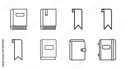 Modern outline style icons featuring books, bookmarks, and diaries, perfect for design projects, cards, apps, and social networks. This vector cartoon illustration set offers a clean and contemporary