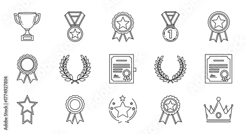 Collection of outline award icons including trophy, medals, ribbons, laurel wreaths, certificates, and crown, perfect for infographics, articles, books, flyers, banners, and vector cartoon