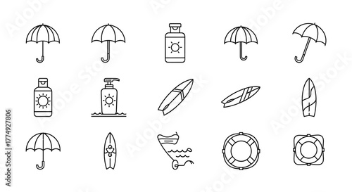 Collection of vector signs for summer and beach activities, including umbrellas, sunscreens, surfboards, and lifelines, all drawn with a thin line style suitable for apps, websites, banners, and