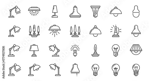 Collection of minimalistic linear icons representing various types of lamps, chandeliers, and light bulbs, perfect for web and graphic design, app interfaces, banners, and social network graphics