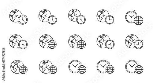 Collection of outline icons representing the Earth or Globe paired with a clock, symbolizing time zones, global time, travel, and international business. These linear vector graphics are perfect for