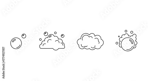 A clean and modern vector illustration featuring a set of thin-line pictogram icons representing bubbles and foam, presented on a crisp white background, ideal for digital interfaces and conceptual