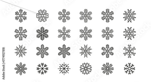 A stunning collection of 24 unique, intricately detailed snowflakes, rendered in a crisp white line art style against a deep black background, perfect for winter-themed designs, holiday cards, and