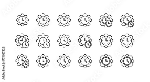 Set of minimalistic thin outline icons representing clocks integrated with gears, symbolizing time management, efficiency, and mechanical processes. Ideal for web, graphic design, apps, banners