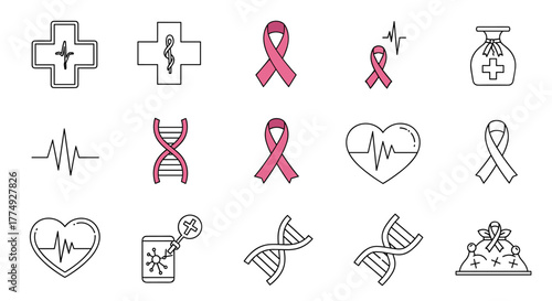 Collection of outline medical symbols including a cross with a heartbeat, a caduceus cross, pink ribbons for breast cancer awareness, DNA strands, a heartbeat line, a medical bag, and a crown with a