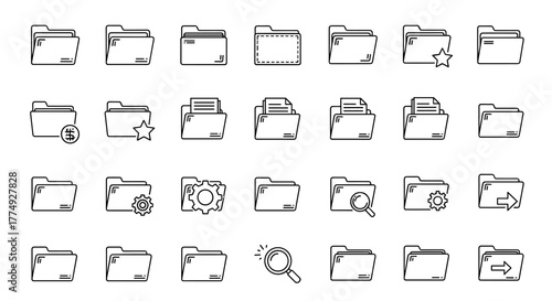 A diverse collection of thin, editable stroke icons representing computer folders, presented in a vector cartoon illustration style. This versatile set is ideal for web design, books, cards, and app