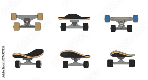 A diverse collection of skateboard trucks and wheels, presented in a clean vector illustration style with simple, appealing colors and designs, showcasing various configurations for different