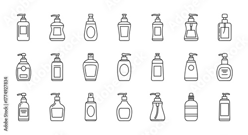 Collection of minimalistic linear icons representing various cosmetic bottles with pump dispensers and spray nozzles, perfect for web, graphic design, apps, banners, social networks, and cards