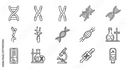 Set of thin line icons representing DNA, chromosomes, and scientific research elements, including microscopes and test tubes, suitable for web, books, and apps, presented as a vector cartoon