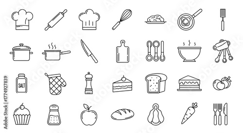 A collection of clean, minimalist line art icons representing various cooking and food-related items, perfect for culinary websites, recipe apps, or restaurant branding. This set includes chef hats