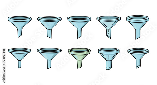 Collection of ten diverse funnel icons in a cartoon illustration style, featuring various designs and shades of blue and green, presented against a clean black background, perfect for graphic design