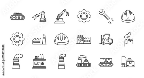 Industrial line icon collection featuring a factory, robotic arm, gear, wrench, hard hat, forklift, and conveyor belt, representing manufacturing, production, and engineering processes. Perfect for