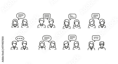 Set of minimalistic linear vector illustrations depicting faceless people in conversation, with speech bubbles indicating dialogue, presented on a clean white background, ideal for business and
