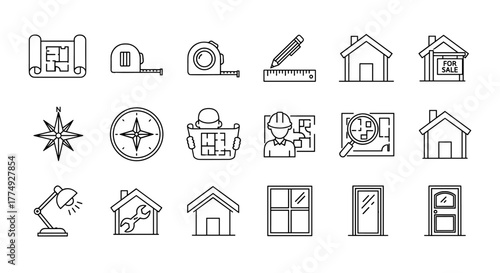 A collection of simple, isolated line icons representing floor plans, suitable for web, books, cards, and apps. This editable stroke vector cartoon illustration features various architectural