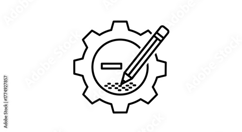 Minimalistic thin outline icon of a gear with a pencil and a minus sign inside, representing settings, configuration, editing, or customization for web and graphic design, apps, banners, social