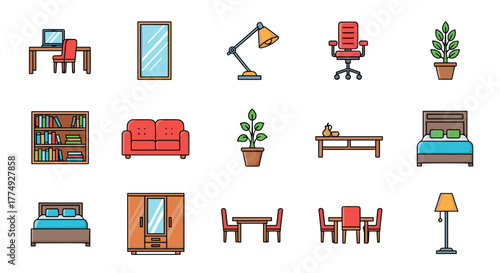 A vibrant and modern flat design icon set representing essential furniture for interior spaces, including a desk with a computer and chair, a full-length mirror, a stylish table lamp, an ergonomic