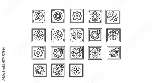 Set of 19 outline gear icons in square frames, suitable for graphic and web design, apps, adverts, and various cards. This vector cartoon illustration features a clean white background, showcasing a