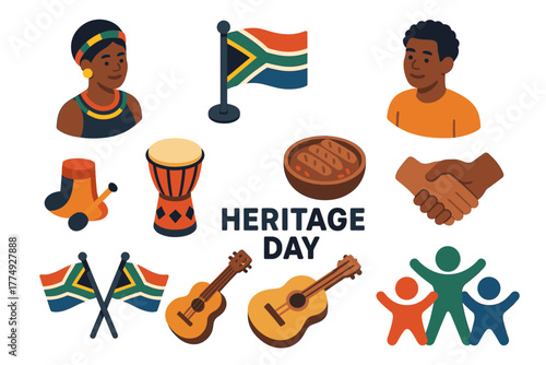 Heritage celebration icons with south african cultural symbols and diverse community