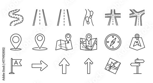 Vivid and descriptive line icon bundle featuring roads, paths, and map pins, perfect for graphic and web design, apps, adverts, and various cards. This vector cartoon illustration offers a clean and