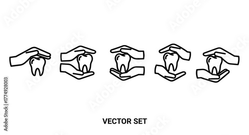 A set of five minimalist line art illustrations depicting hands holding or interacting with a tooth, presented in a sequence to show different stages or actions, isolated on a clean white background