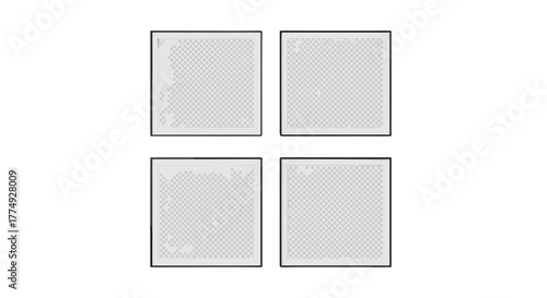 Four square photo collage mockup template with minimal black frames arranged in a 2x2 grid on a black background, perfect for branding, presentations, and creative design projects, offering a clean